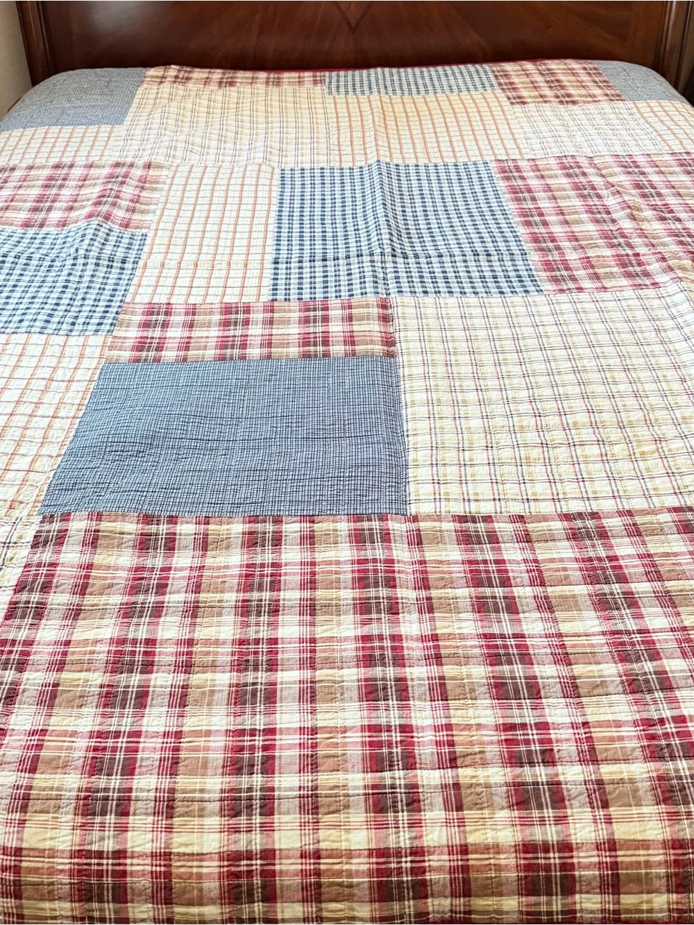 Cotton Patchwork Quilt  Twin 68” x 85” – Red Navy Plaid Gingham